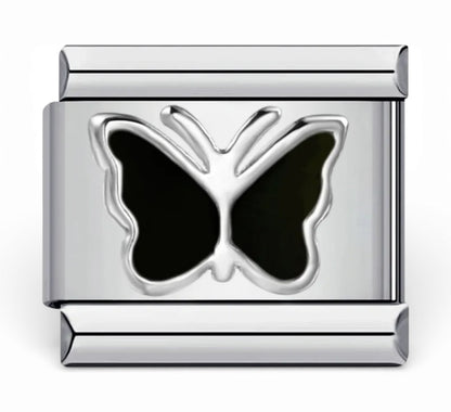 Silver Italian charm with black butterfly design 