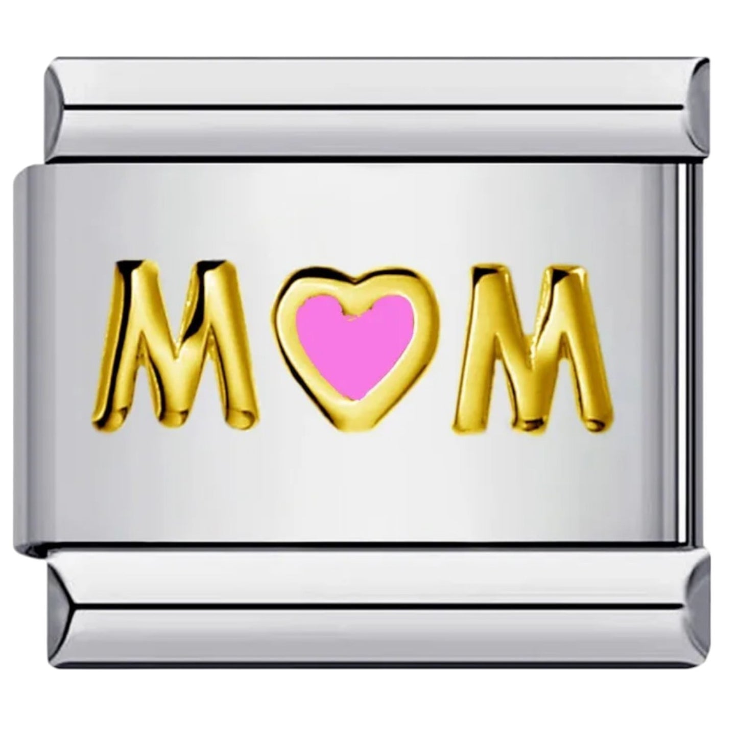Silver Italian charm with gold letters spelling 'MOM' and a pink heart