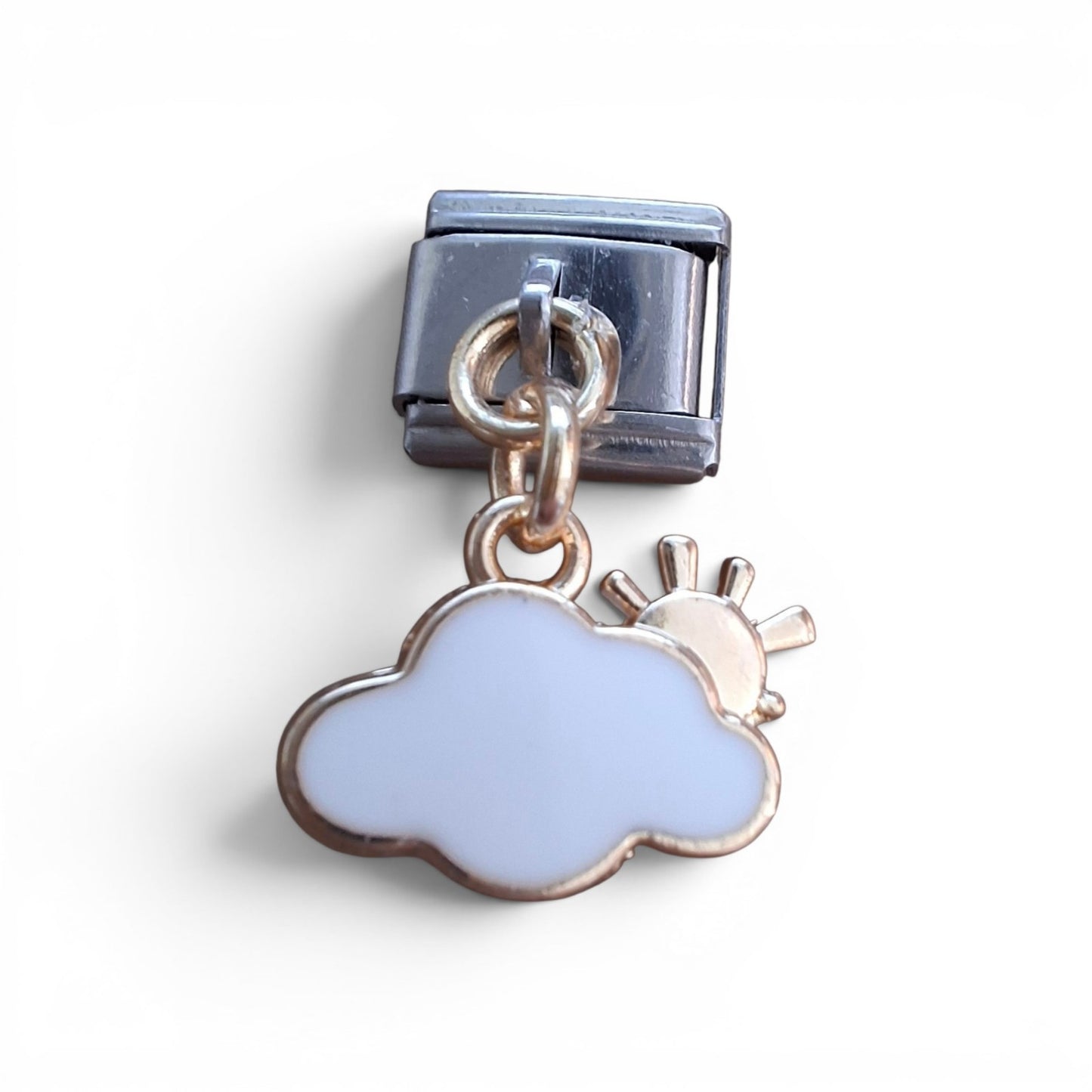 Silver Italian dangle charm with a white cloud and gold sun design 
