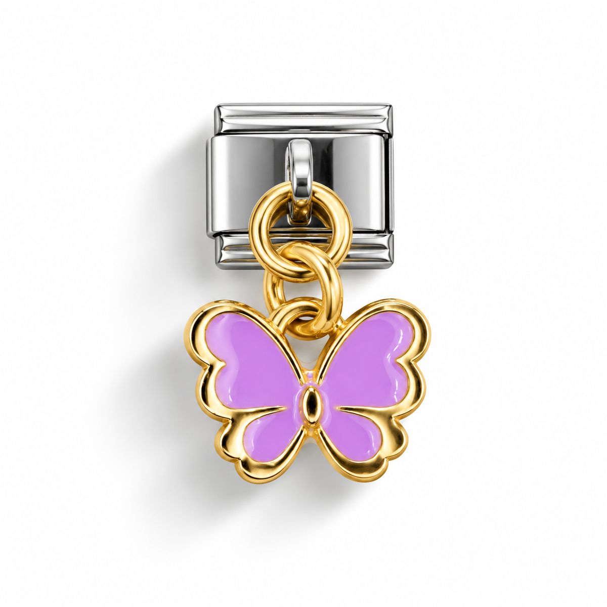 Gold-tone linked butterfly charm with lilac enamel wings and a silver-tone bracelet connector