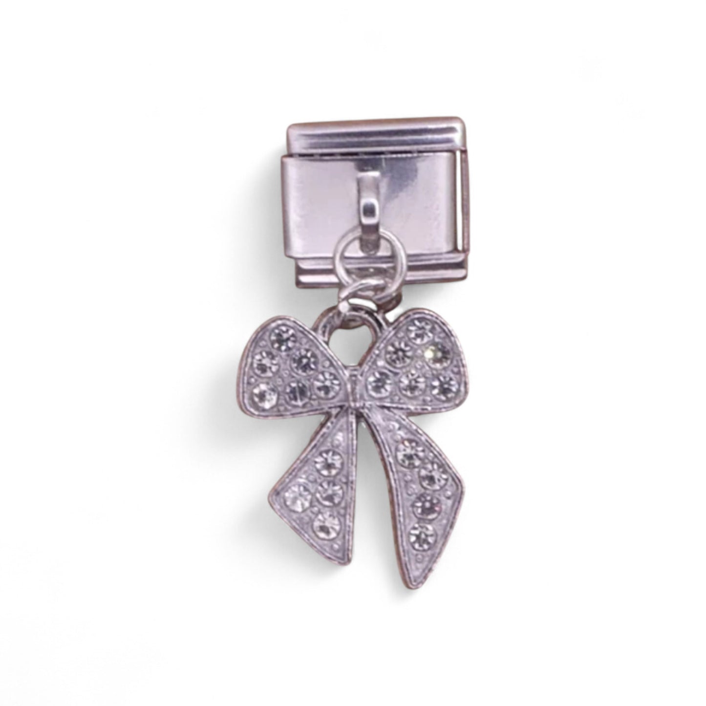 Silver bow with clear crystals Italian dangle charm 
