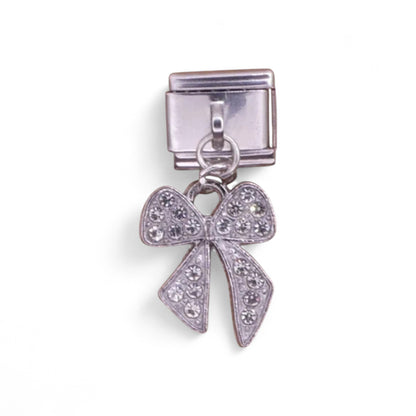Silver bow with clear crystals Italian dangle charm 