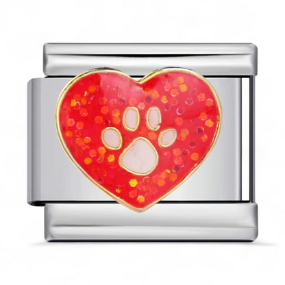 Silver italian charm with a red heart and paw print design Compatible with all 9mm italian charms Including nomination 