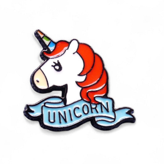 Unicorn-themed enamel pin badge with a banner reading 'UNICORN' background