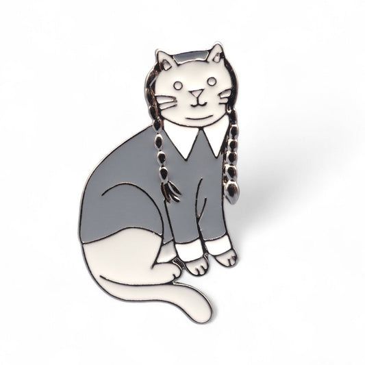 Cat dressed as Wednesday Addams from The Addams Family