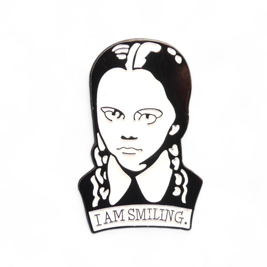 Wednesday Addams face with "I Am Smiling" text enamel pin badge 