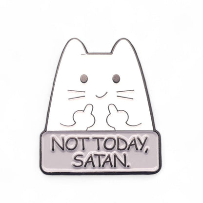 White Cat Middle Fingers and text Not Today Satan Enamel Pin Badge.
