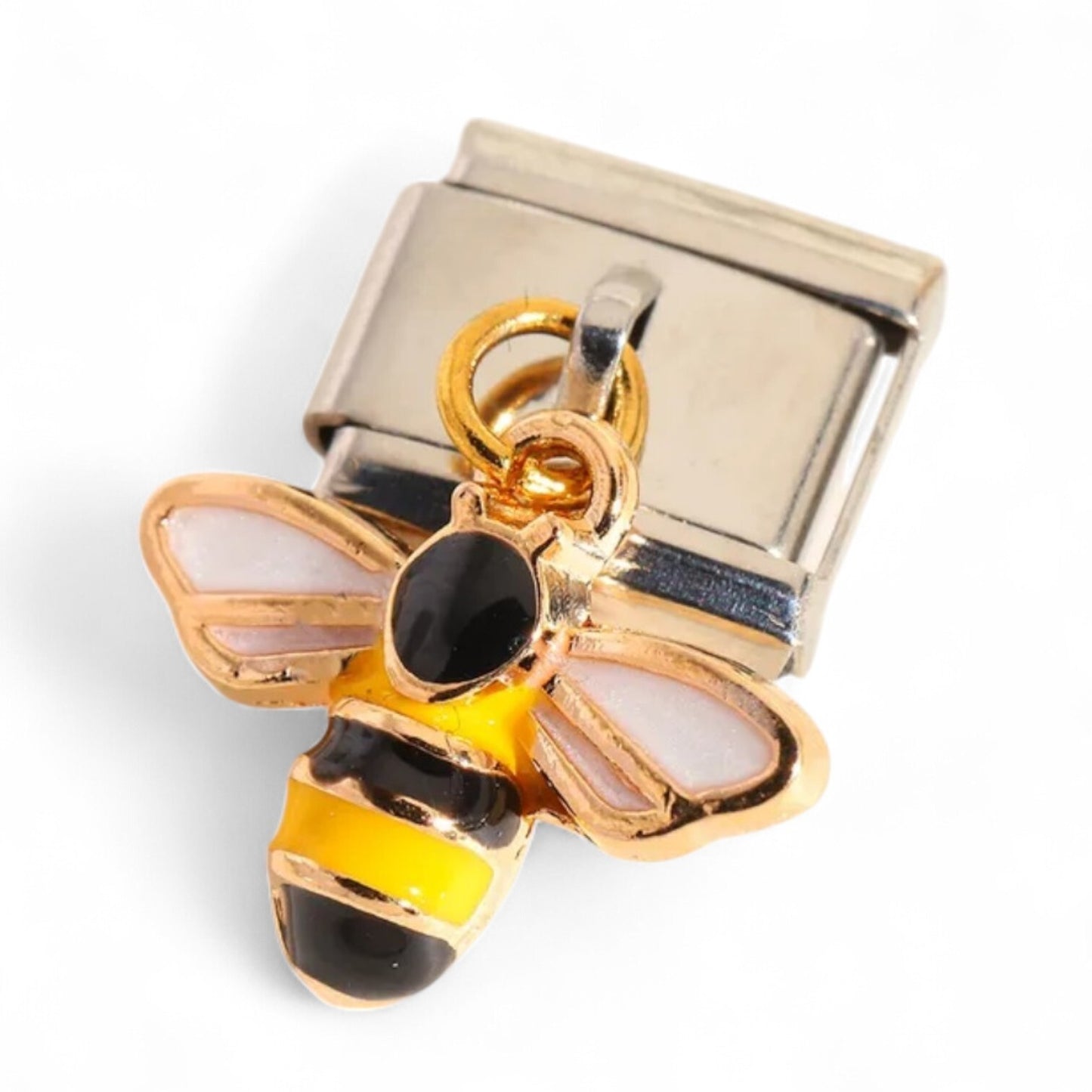 Gold bee Italian dangle charm with black and yellow detailing