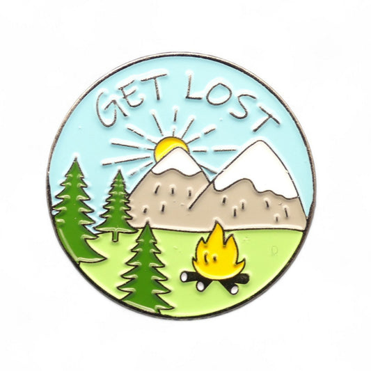 Outdoors camping enamel pi badge with text get lost 