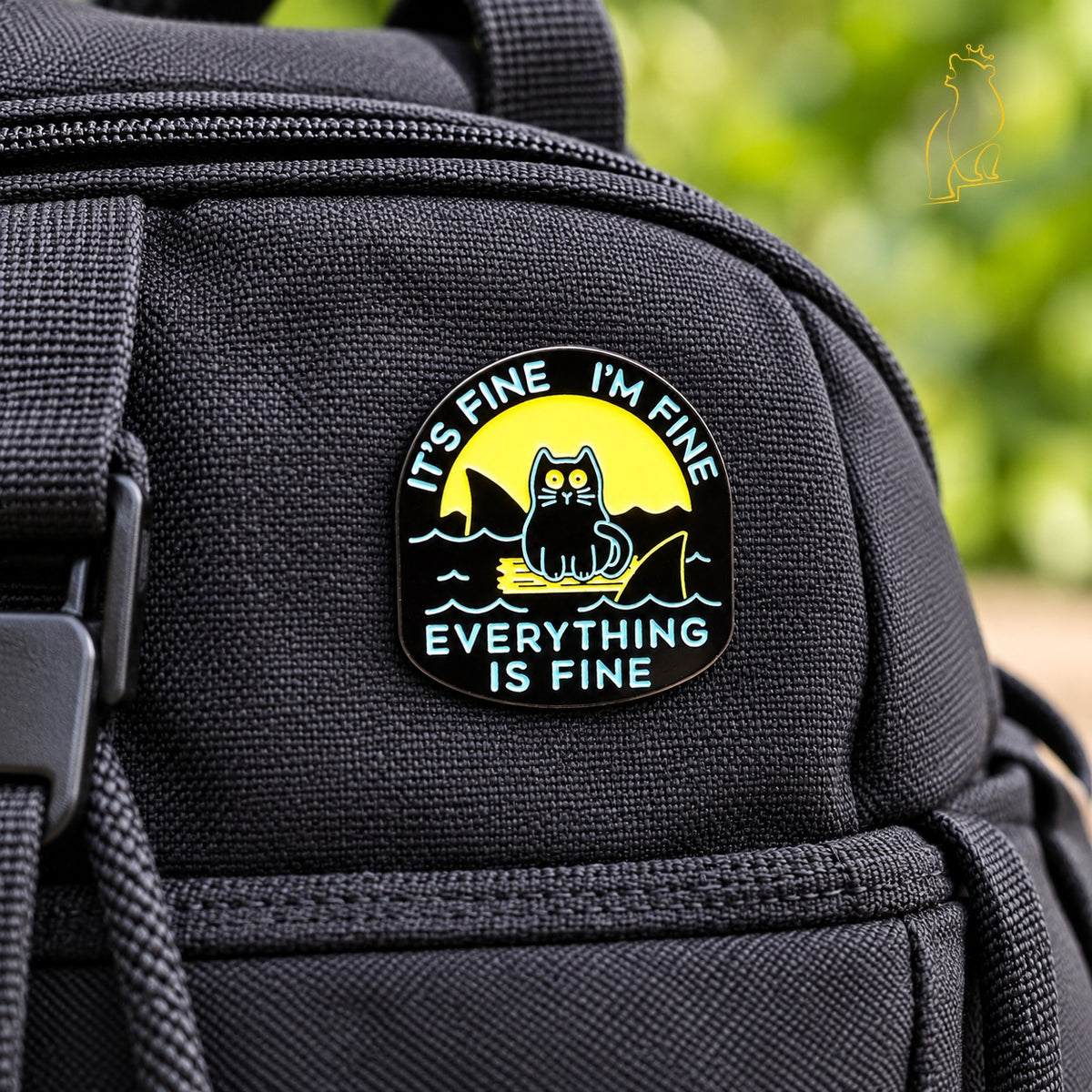 Enamel cat pin badge on dark fabric: yellow cat, sharks, “EVERYTHING IS FINE”