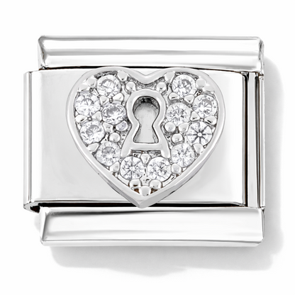 Silver Italian charm with heart design and clear crystals with keyhole centre 