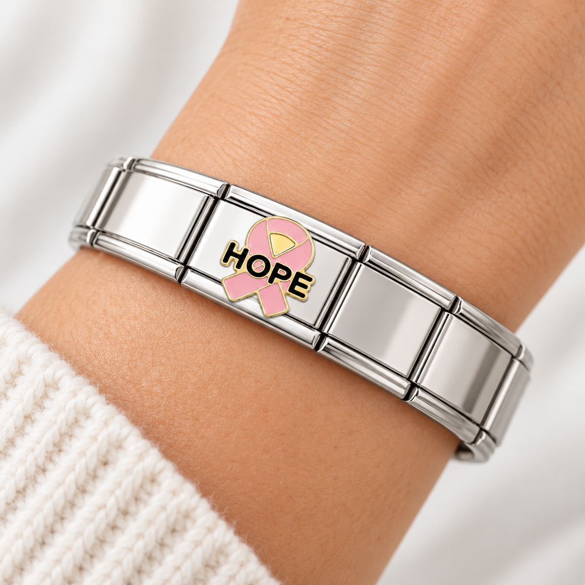 Silver modular bracelet charm with pink HOPE ribbon enamel