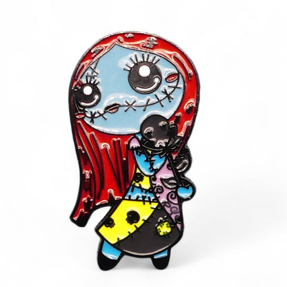 Iconic Sally from "The Nightmare Before Christmas" with her signature patchwork dress and stitched face enamel pin badge 