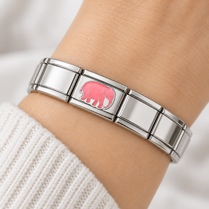 Silver modular bracelet with pink elephant Italian charm, 9mm link style