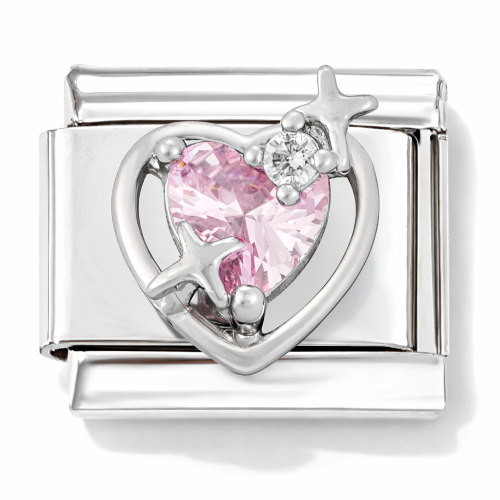 Silver Italian charm with a pink heart-shaped crystal and star ascents 