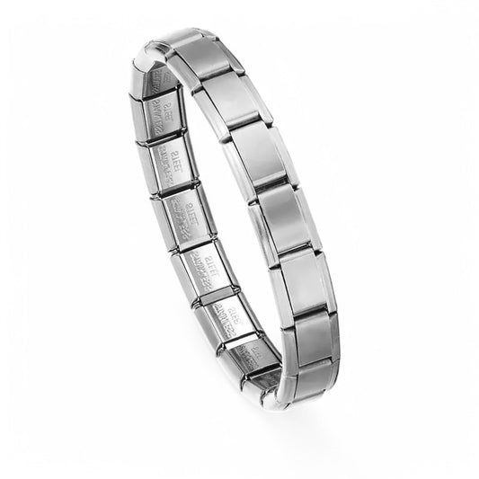 A stainless steel Italian charm bracelet with 18 links, accompanied by an adjustment tool and a velvet bag