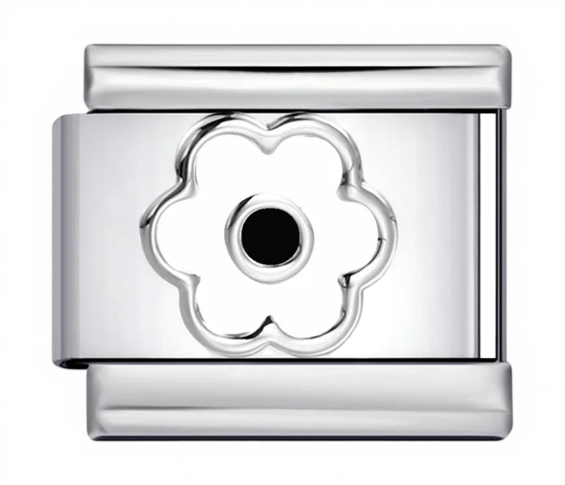 Silver flower charm link with black center and openwork petals
