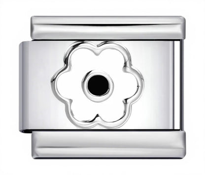 Silver flower charm link with black center and openwork petals