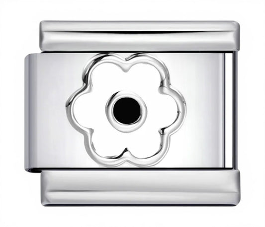 Flower-shaped charm link with black center and polished silver frame