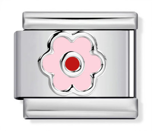 Pink daisy enamel charm with red center and silver flower outline on link