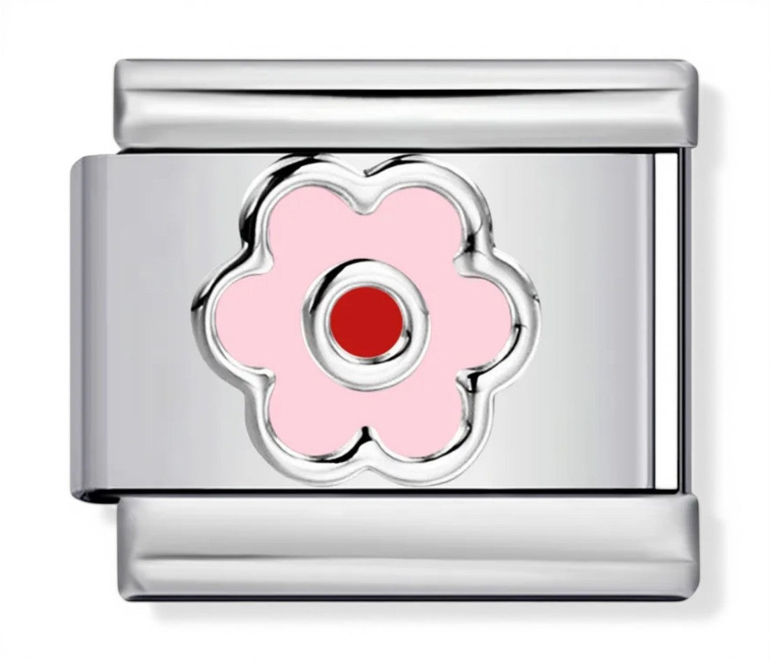 Pink daisy flower link charm with red center and silver petal border