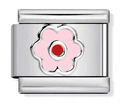 Pink daisy flower link charm with red center and silver petal border