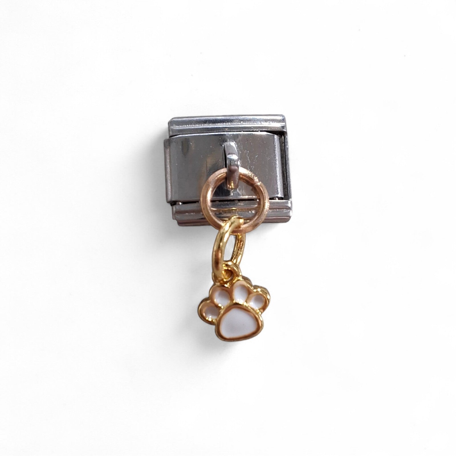 white with gold accents paw print Italian  dangle charm. 