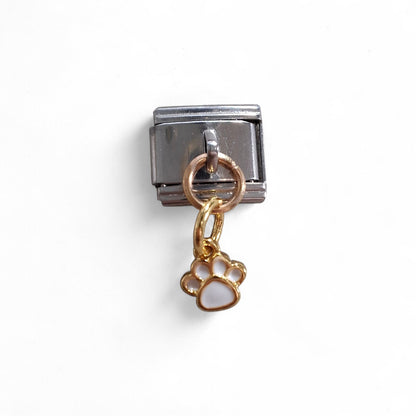 white with gold accents paw print Italian  dangle charm. 