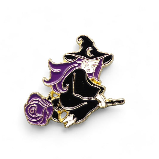 witch sitting on a purple rose broom stick