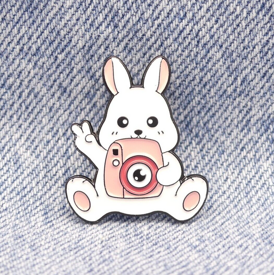 Bunny With A Pink Camera  Collectable Enamel Pin Badge. Rabbit Badge