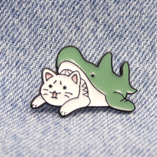 Cat In A Shark Funny Enamel Pin Badge