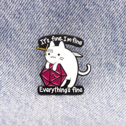 Cat Knife Head It's Fine I'm Fine Everything's fine Pin Badge