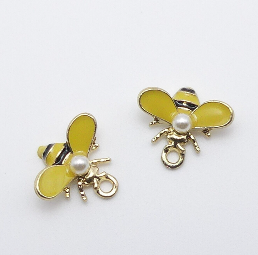 2 Yellow Enamel Bee Charms Bumble Bee Enamel and Pearl Jewellery Making Charms