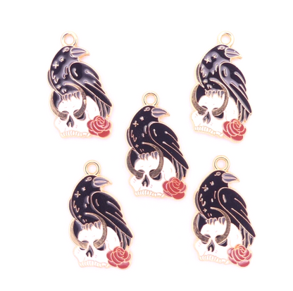 5 Crow Raven And Skull Enamel Charms Steampunk Goth Skull And Rose Enamel Charm