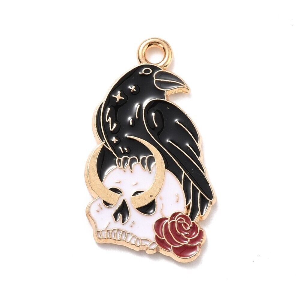 5 Crow Raven And Skull Enamel Charms Steampunk Goth Skull And Rose Enamel Charm