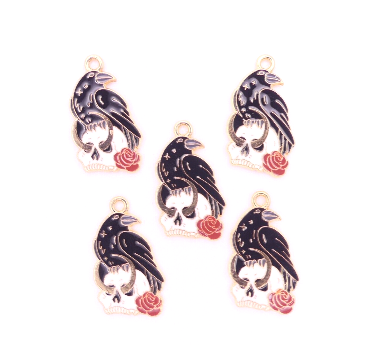 5 Crow Raven And Skull Enamel Charms Steampunk Goth Skull And Rose Enamel Charm