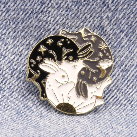 Rabbit Enamel Pin Badge Ying Yang Cosmic Stars Moon Gold Black Grey White Bunny