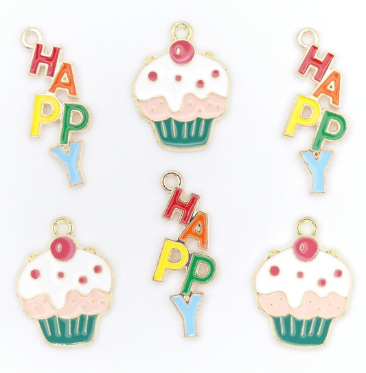 6 Enamel Happy And Cupcake Rainbow Cake Charms Jewellery Making Charms