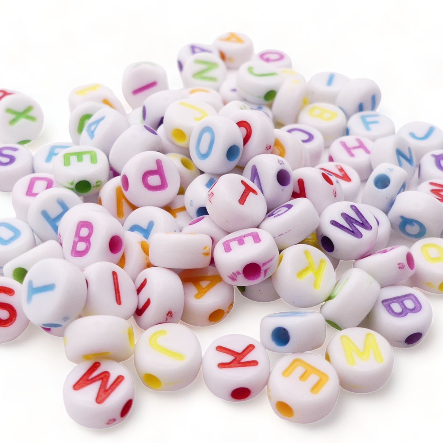 100 White Round Mixed Alphabet Letter Beads RAMDOM Mix Of Colours And Letters