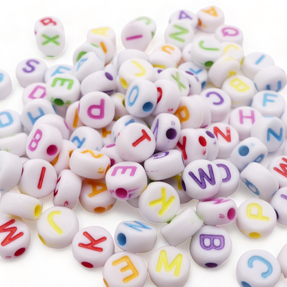 100 White Round Mixed Alphabet Letter Beads RAMDOM Mix Of Colours And Letters