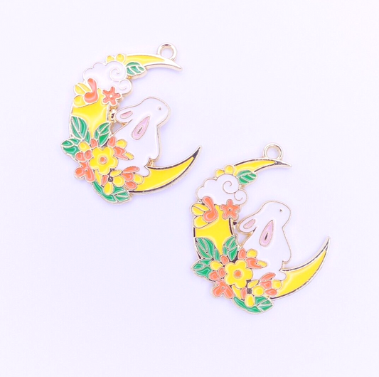 2 Rabbit In The Moon Enamel Charms