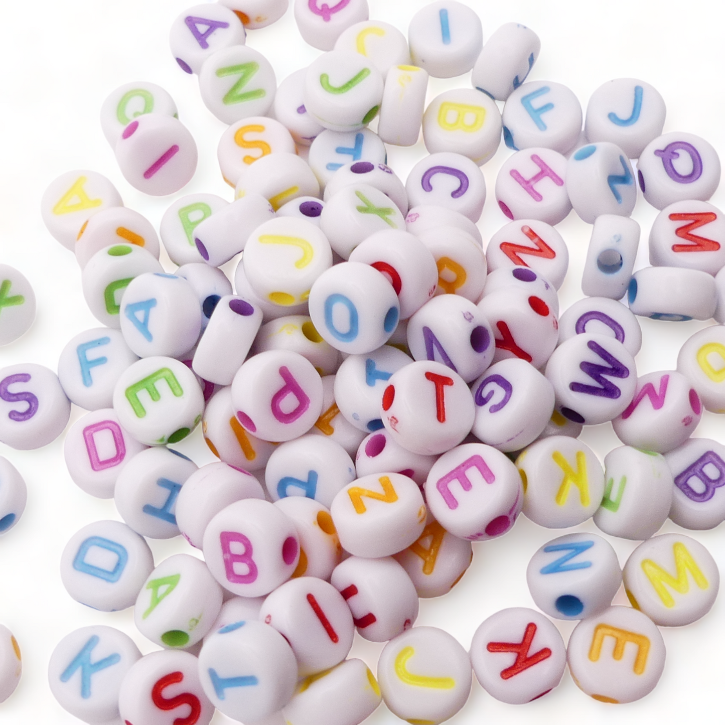 100 White Round Mixed Alphabet Letter Beads RAMDOM Mix Of Colours And Letters