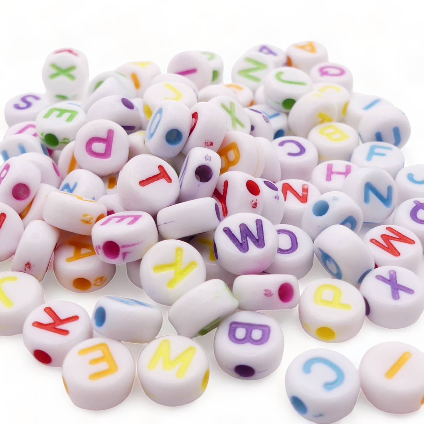 100 White Round Mixed Alphabet Letter Beads RAMDOM Mix Of Colours And Letters