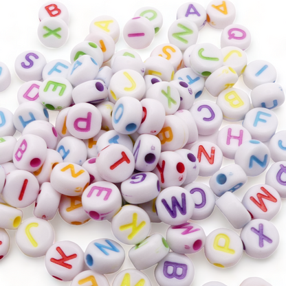 100 White Round Mixed Alphabet Letter Beads RAMDOM Mix Of Colours And Letters