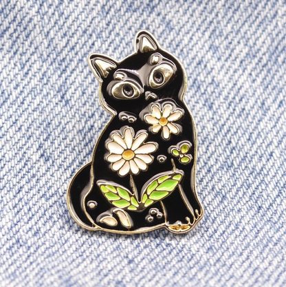 Black Cat Daisy Flower Enamel Pin Badge