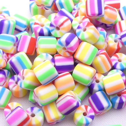 100 Rainbow Polymer Clay Barrel Beads