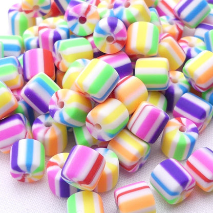 100 Rainbow Polymer Clay Barrel Beads