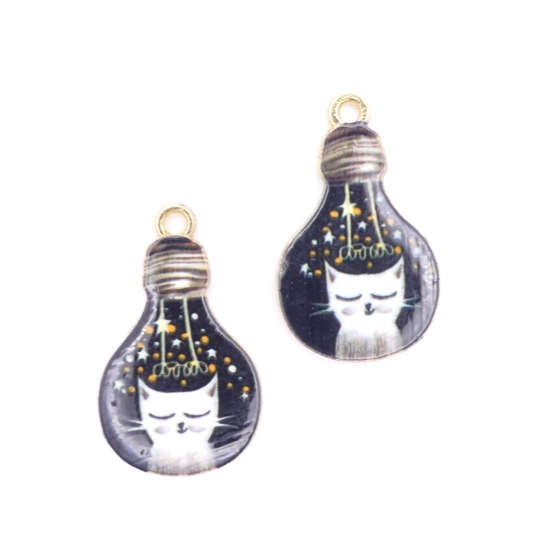 2 Cat In A Lightbulb Enamel Charms