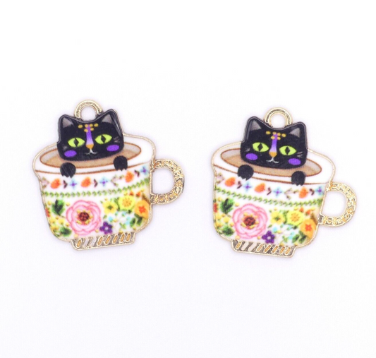 2  Black Cat In A Teacup Enamel Charms