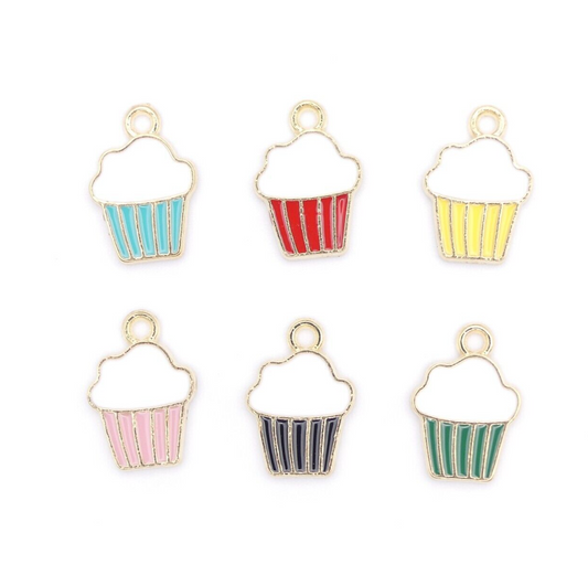 6 Mixed Coloured Enamel Cupcake Charms Cake Muffin Dessert Jewellery Making